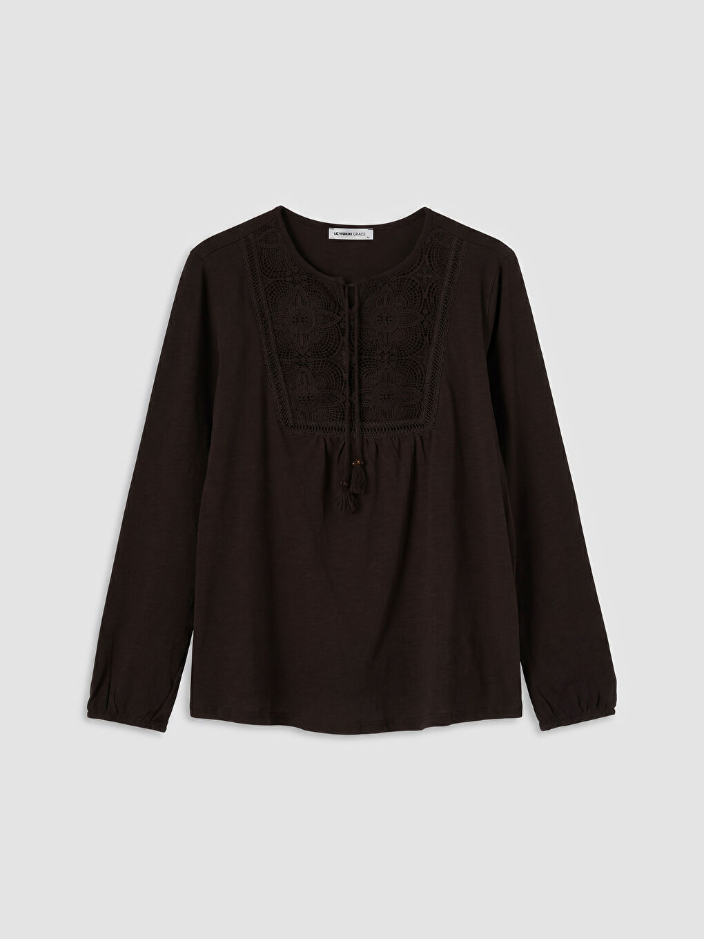 Kahverengi Bağlamalı Yaka Nakışlı Bluz