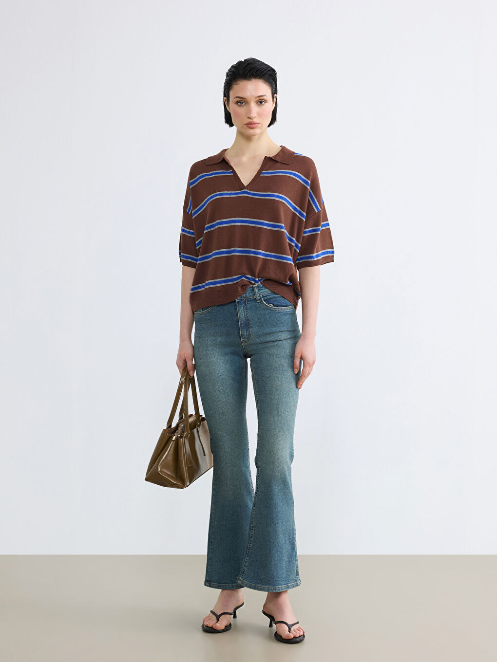 Kahverengi Polo Yaka Çizgili Kadın Triko Kazak-1