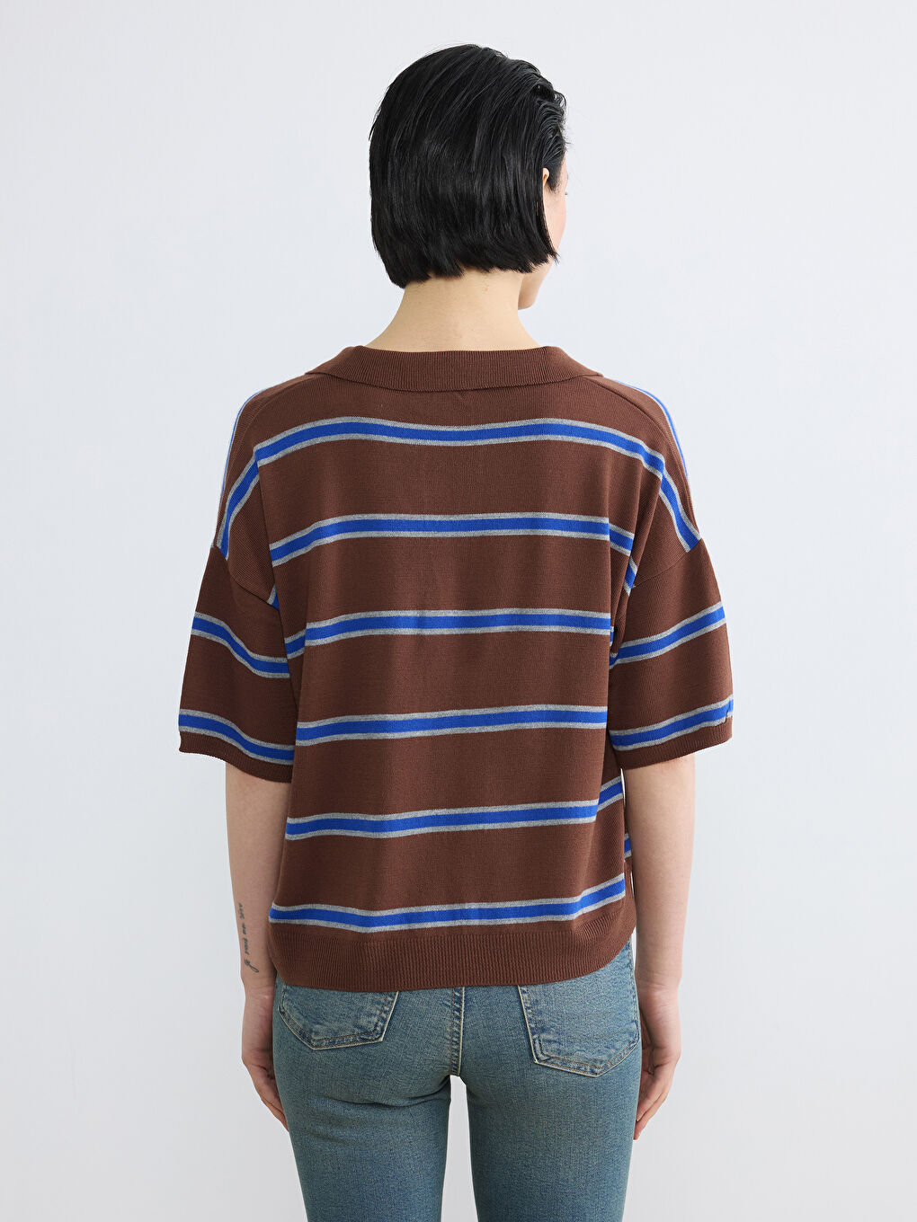 Kahverengi Polo Yaka Çizgili Kadın Triko Kazak-3