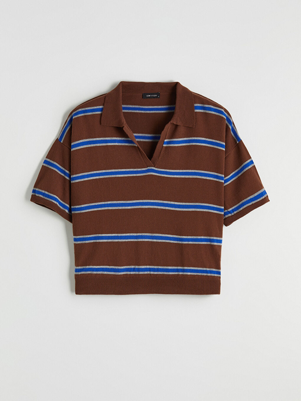 Kahverengi Polo Yaka Çizgili Kadın Triko Kazak-4