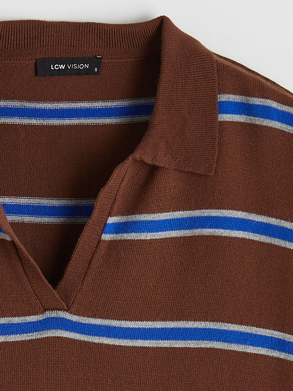 Kahverengi Polo Yaka Çizgili Kadın Triko Kazak-5