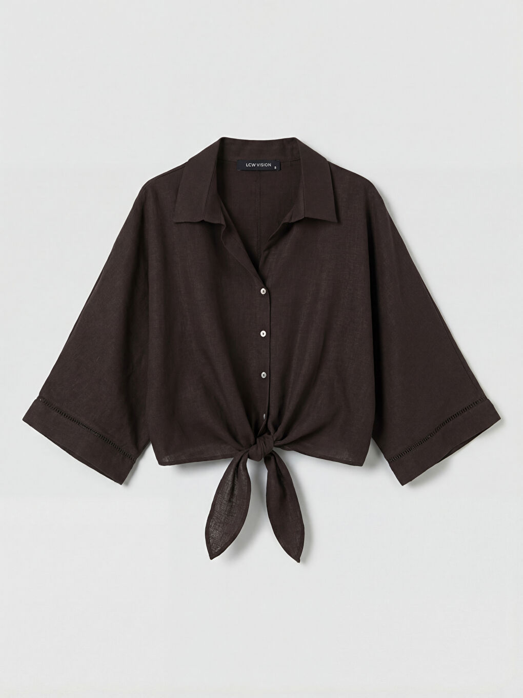 Kahverengi Crop Keten Karışımlı Kadın Gömlek