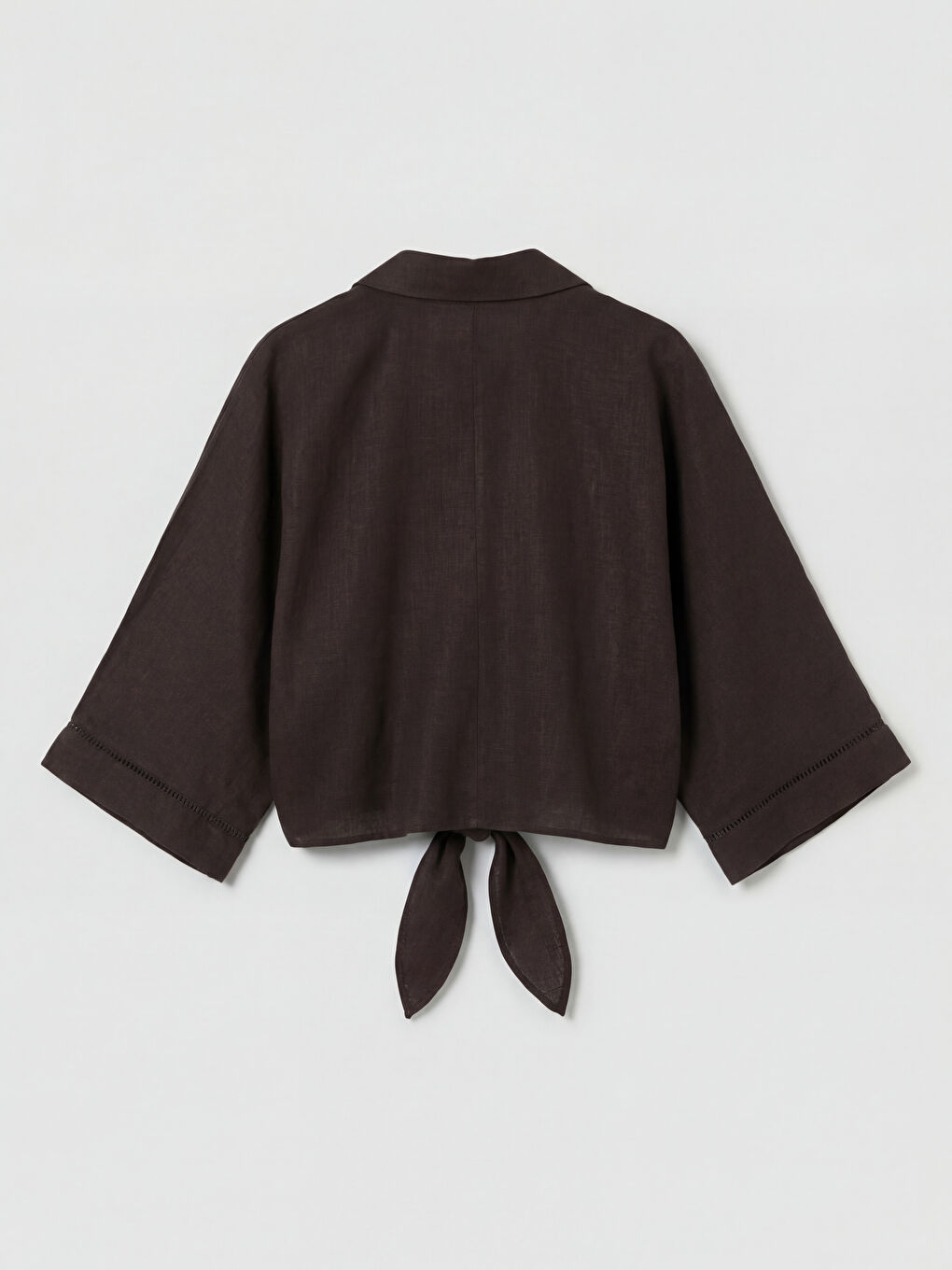 Kahverengi Crop Keten Karışımlı Kadın Gömlek-1