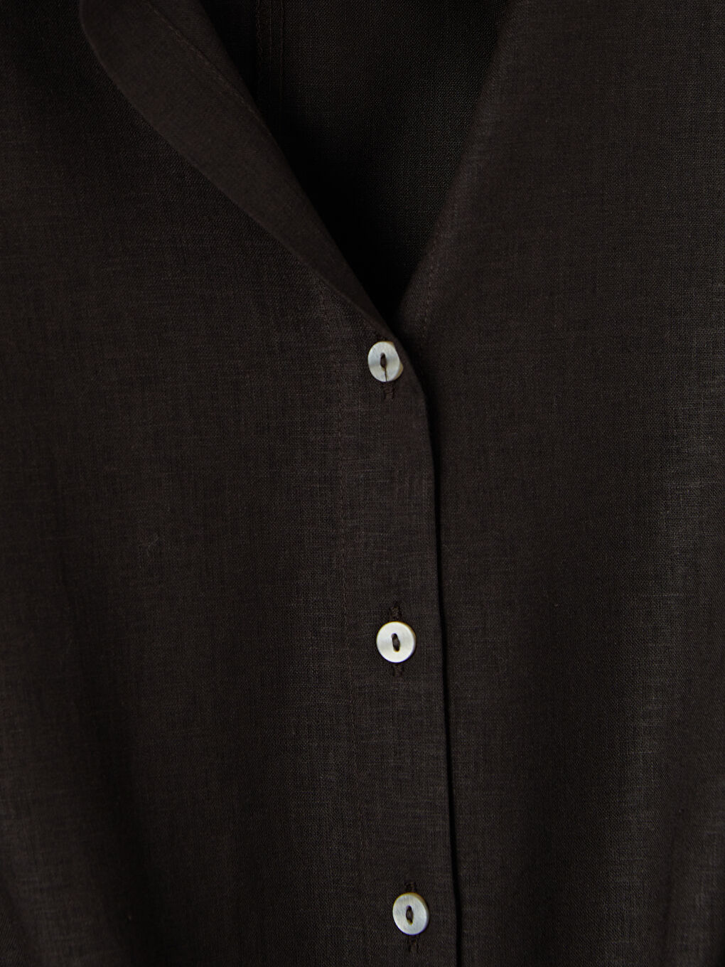 Kahverengi Crop Keten Karışımlı Kadın Gömlek-2