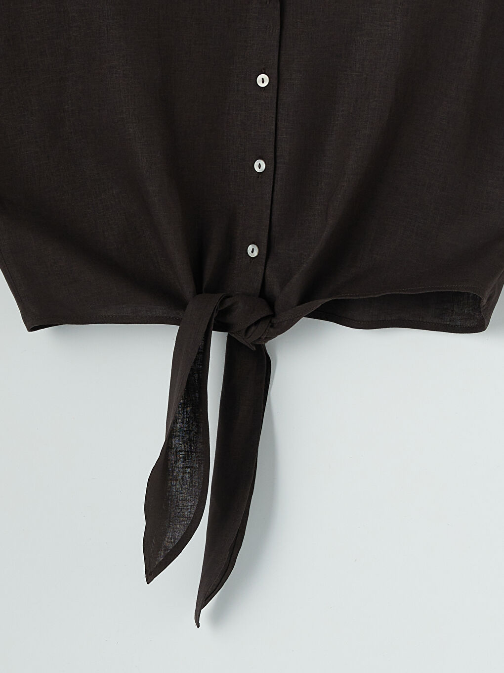 Kahverengi Crop Keten Karışımlı Kadın Gömlek-3