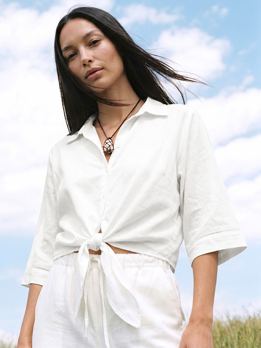 Crop Linen Blend Women's Shirt