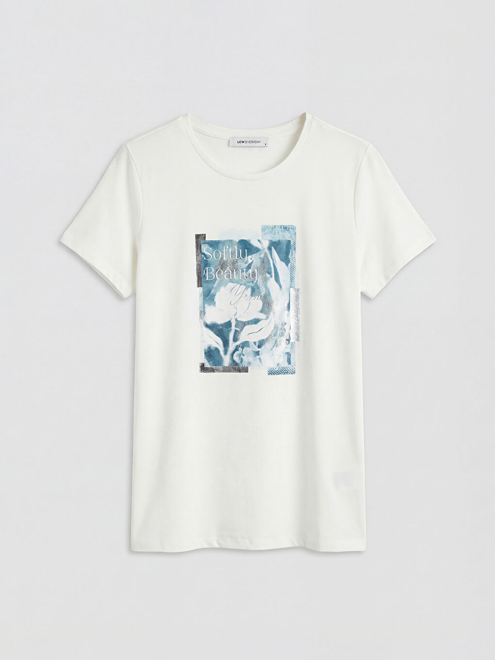 Ekru Bisiklet Yaka Baskılı Kadın Tişört