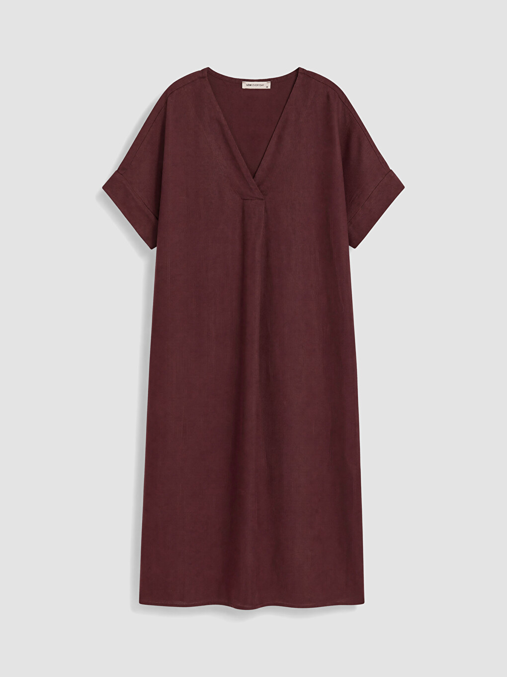 Bordo V Yaka %100 Keten Elbise