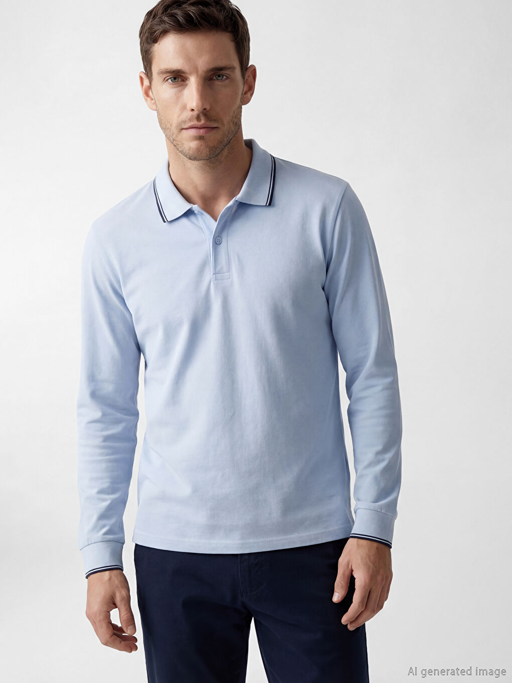 Mavi Polo Yaka Uzun Kollu Pike Erkek Tişört		
