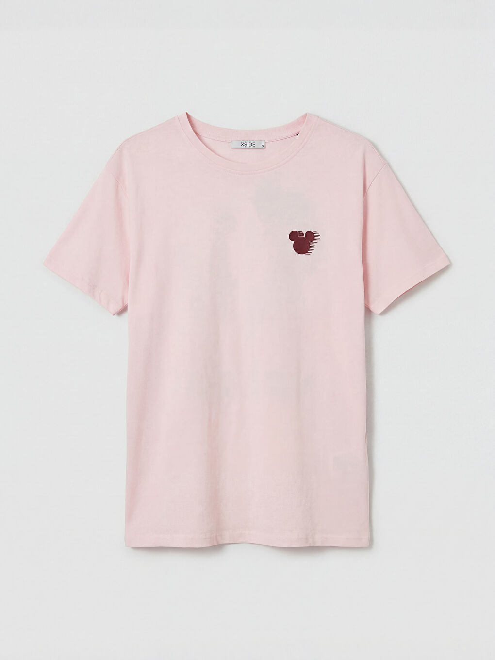 Pembe Bisiklet Yaka Mickey Mouse Baskılı Kadın Tişört