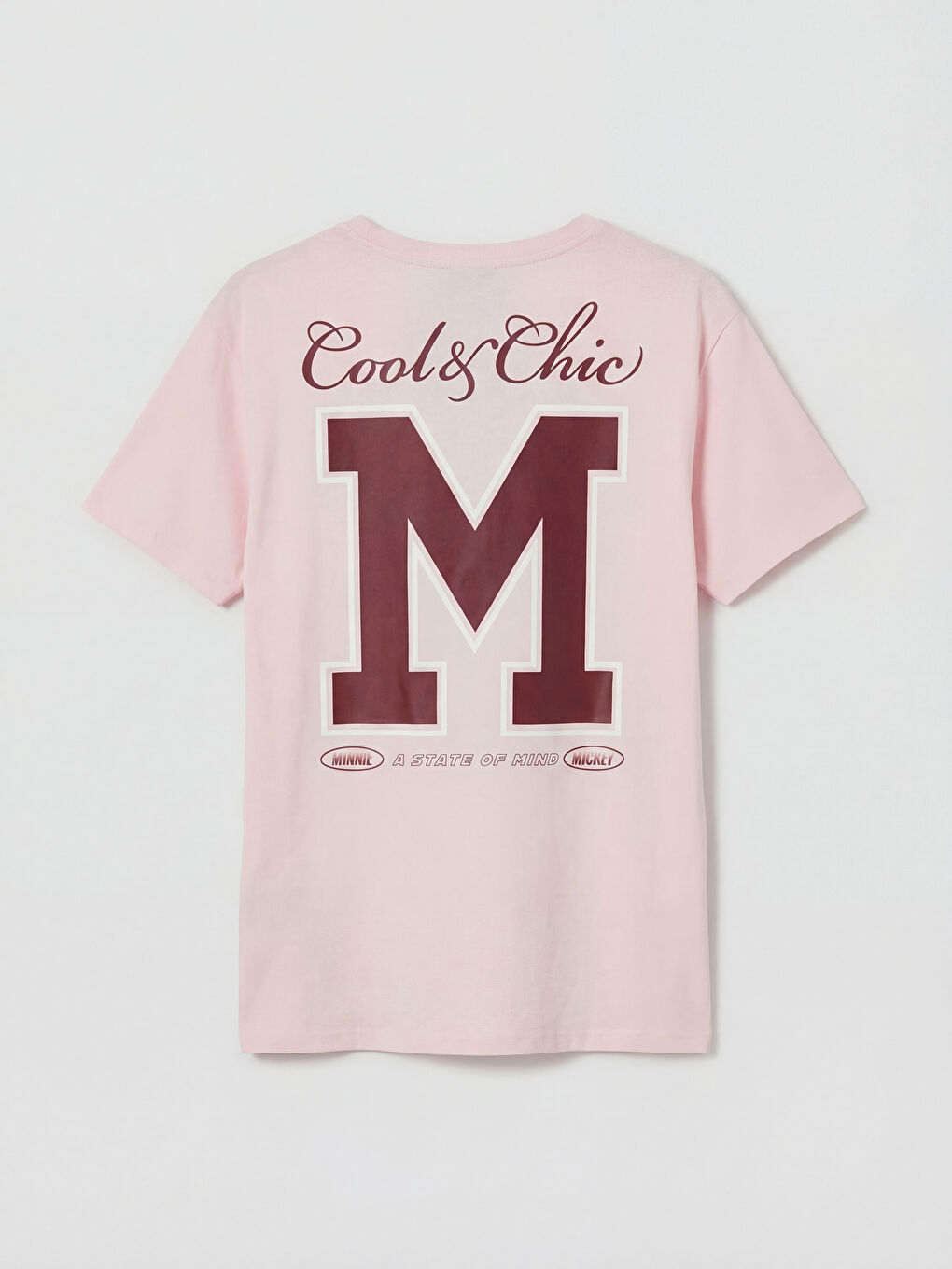 Pembe Bisiklet Yaka Mickey Mouse Baskılı Kadın Tişört-1