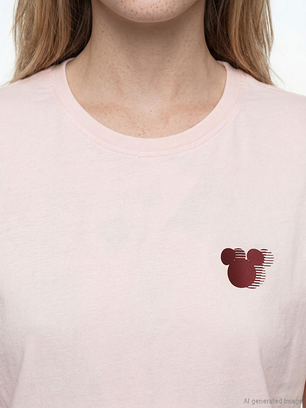 Pembe Bisiklet Yaka Mickey Mouse Baskılı Kadın Tişört-2