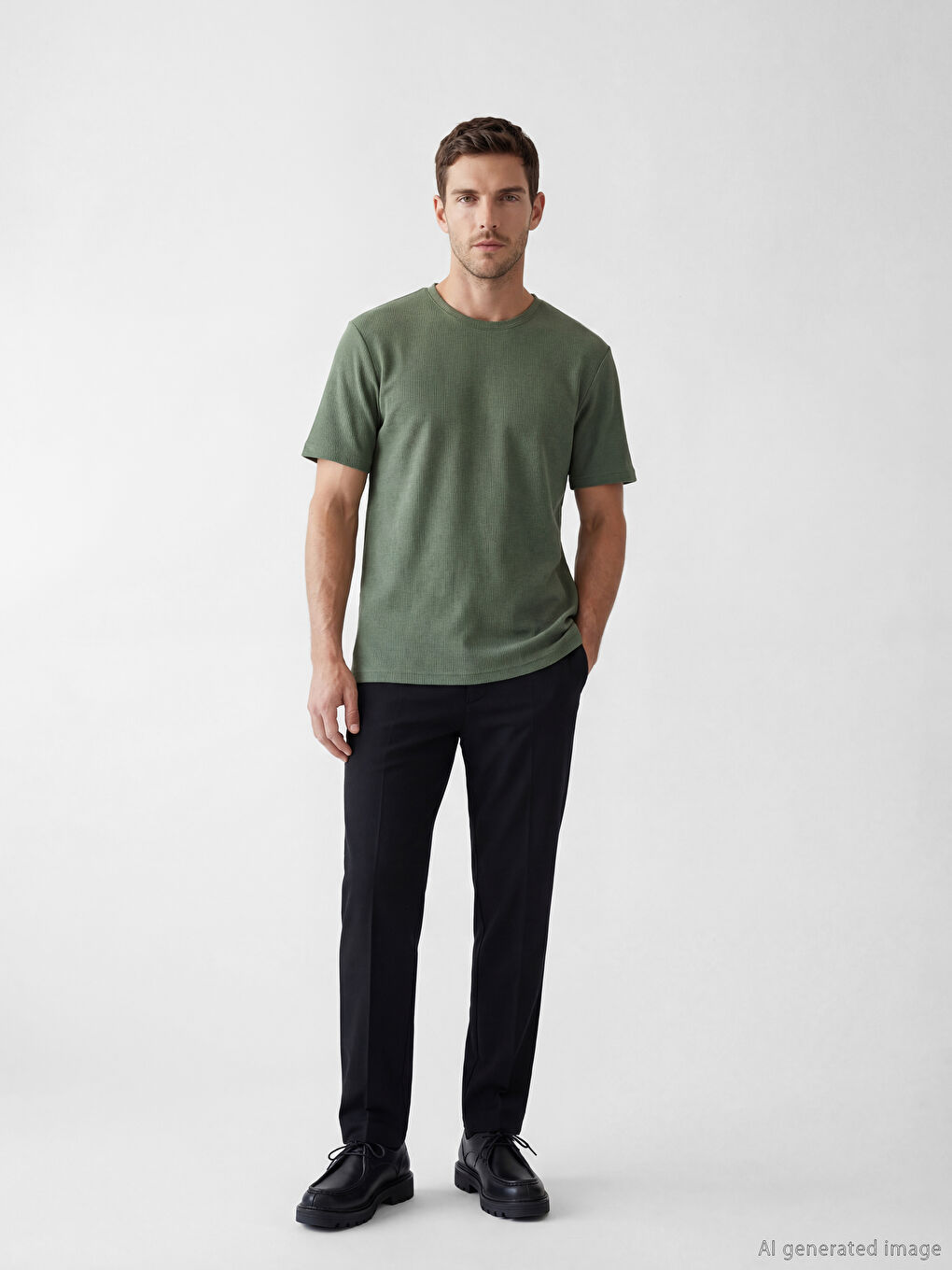 Yeşil Standart Kalıp Dokulu Bisiklet Yaka Erkek Tişört-1