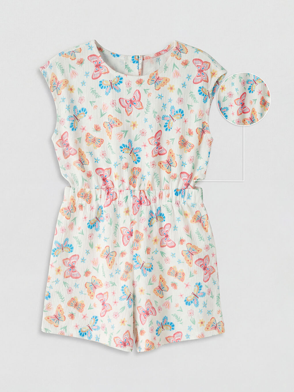Ekru Kelebek Desenli Kız Çocuk Şortlu Tulum