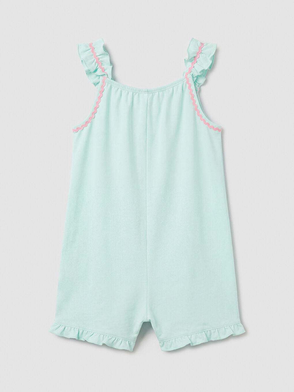 Turkuaz Kare Yaka Nakışlı Kız Çocuk Tulum-1