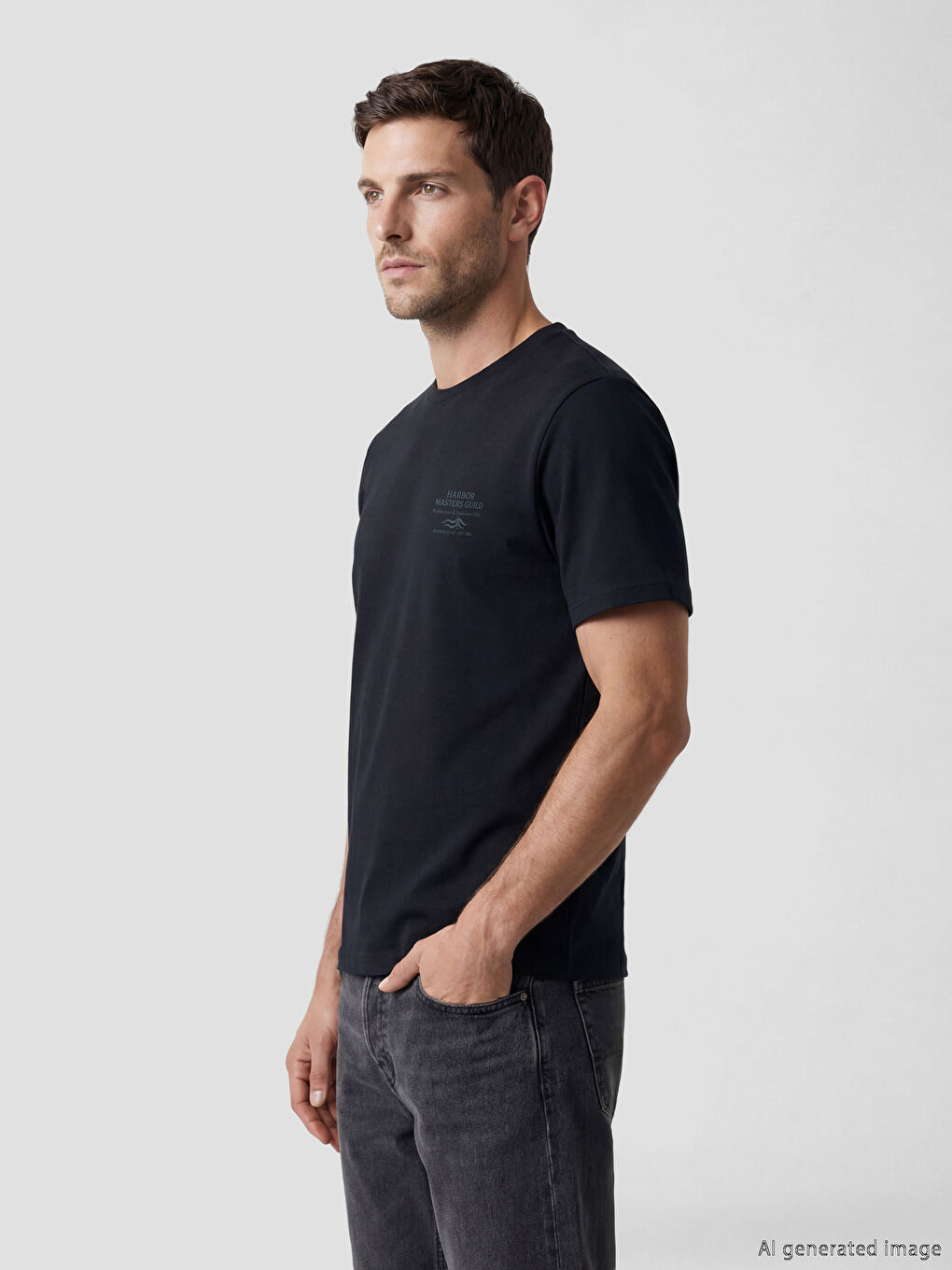 Siyah Bisiklet Yaka Baskılı Erkek Tişört