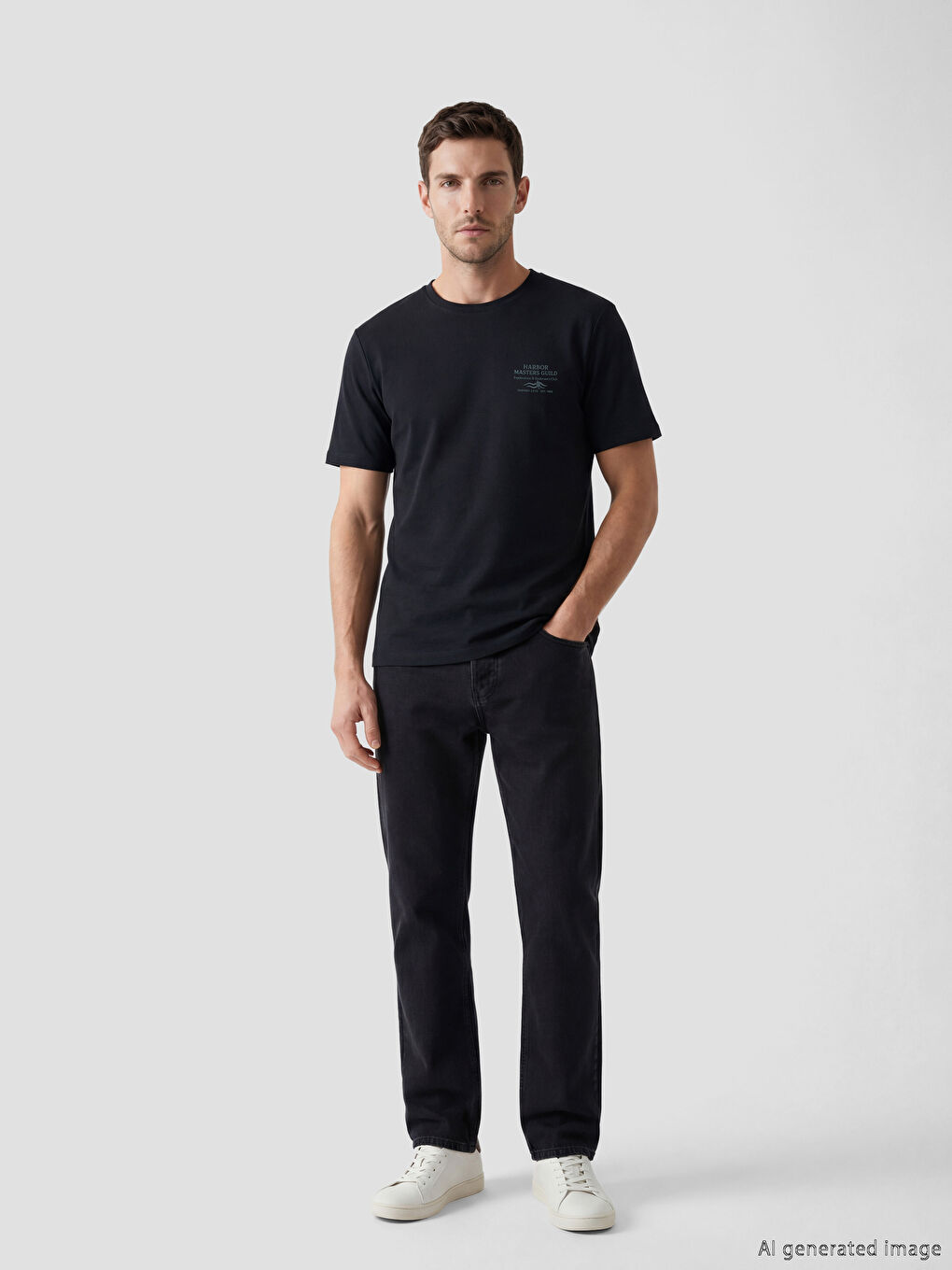 Siyah Bisiklet Yaka Baskılı Erkek Tişört-1