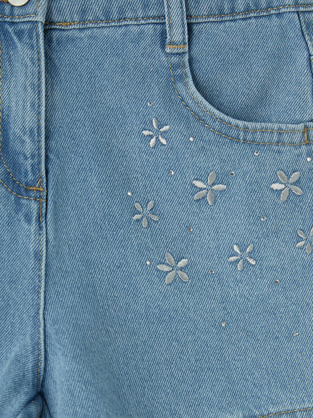 İndigo Çiçek Nakışlı Kız Çocuk Jean Şort-2