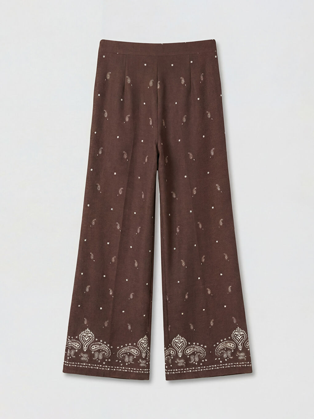 Kahverengi Beli Lastikli Desenli Kadın Pantolon-1