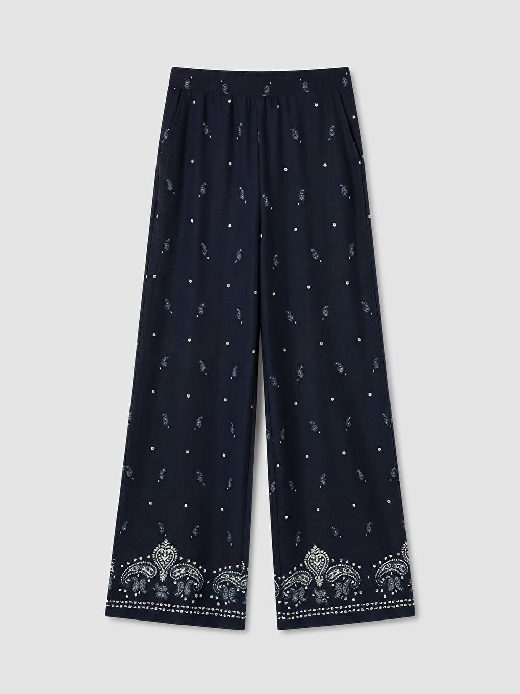 Lacivert Beli Lastikli Desenli Kadın Pantolon