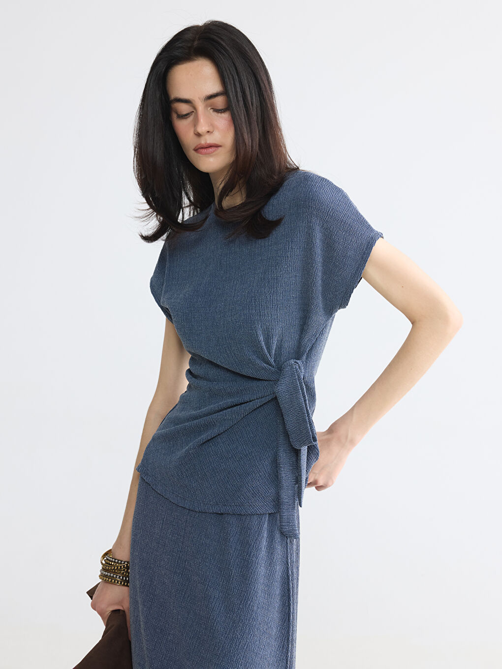 Crew Neck Side Tie Blouse
