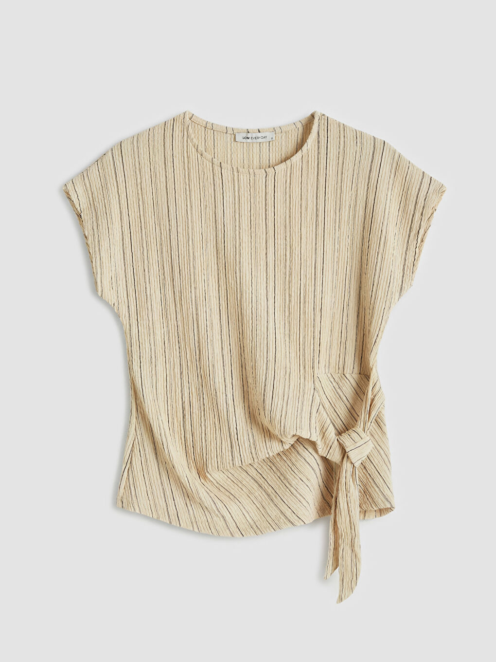 Ekru Çizgili Büzgülü Soft Touch Bluz