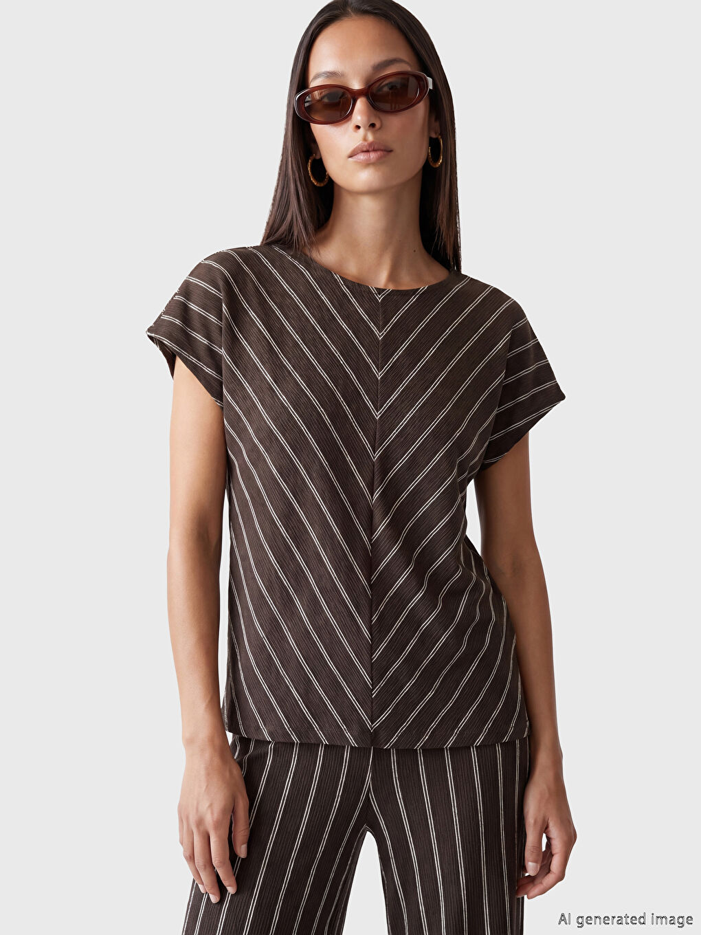 Kahverengi Bisiklet Yaka Çizgili Kadın Tişört