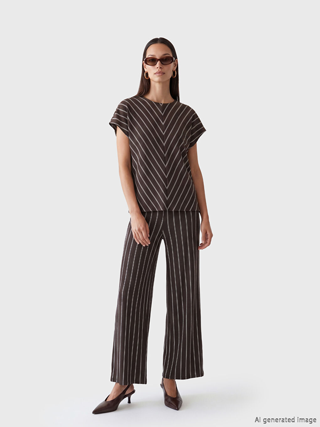 Kahverengi Bisiklet Yaka Çizgili Kadın Tişört-1