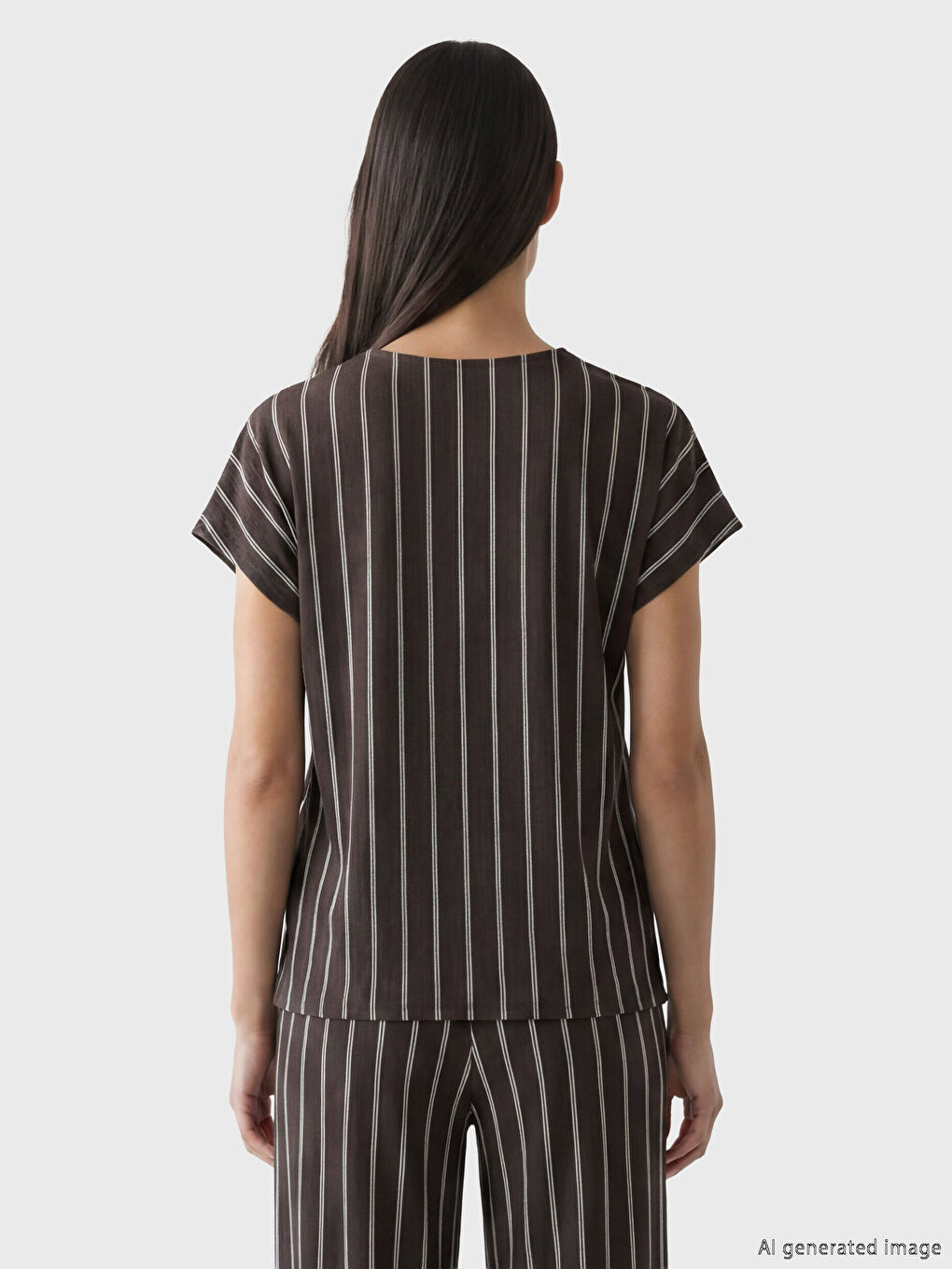 Kahverengi Bisiklet Yaka Çizgili Kadın Tişört-3