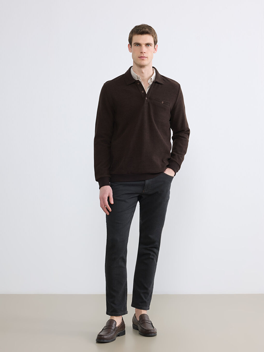 Kahverengi Polo Yaka Erkek Sweatshirt-1