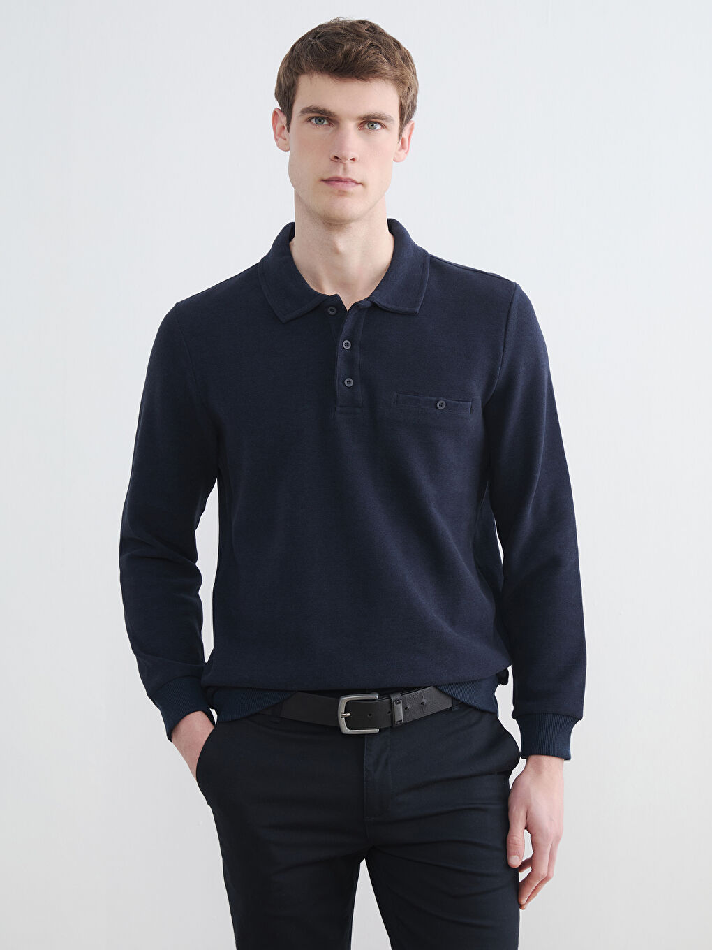Lacivert Polo Yaka Erkek Sweatshirt