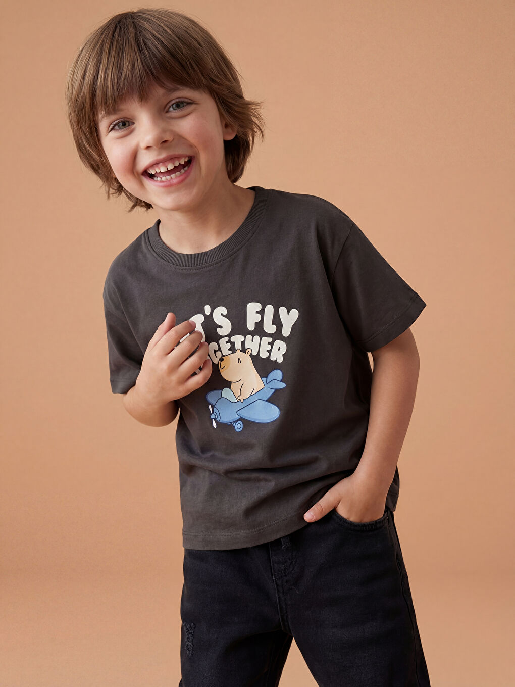 Kahverengi Bisiklet Yaka Baskılı Erkek Çocuk Tişört