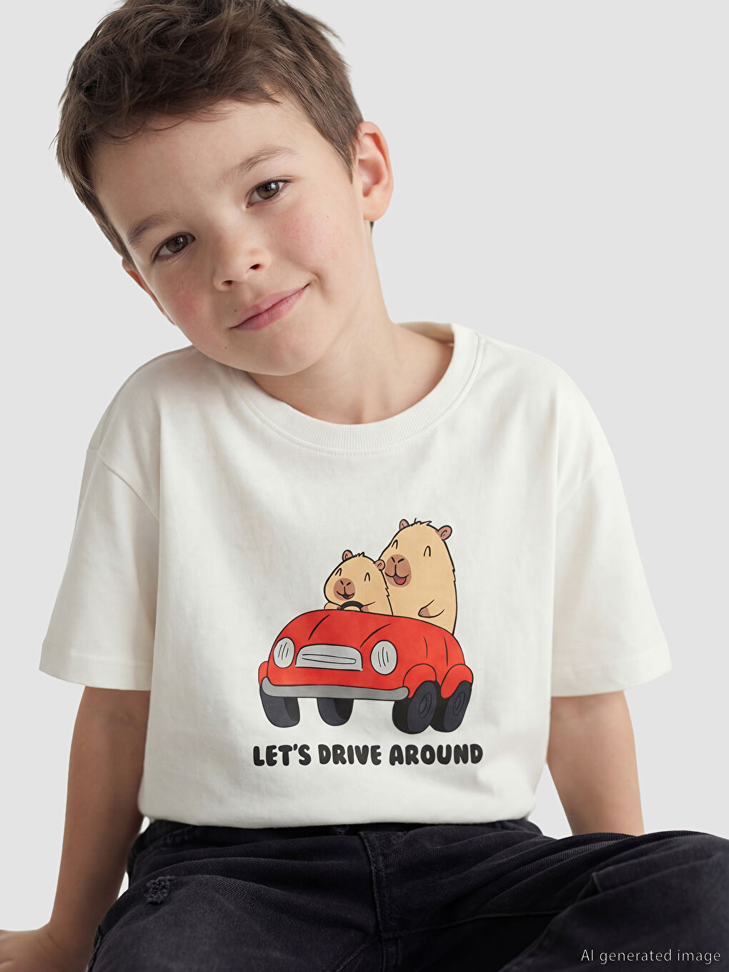 Ekru Bisiklet Yaka Baskılı Erkek Çocuk Tişört-1