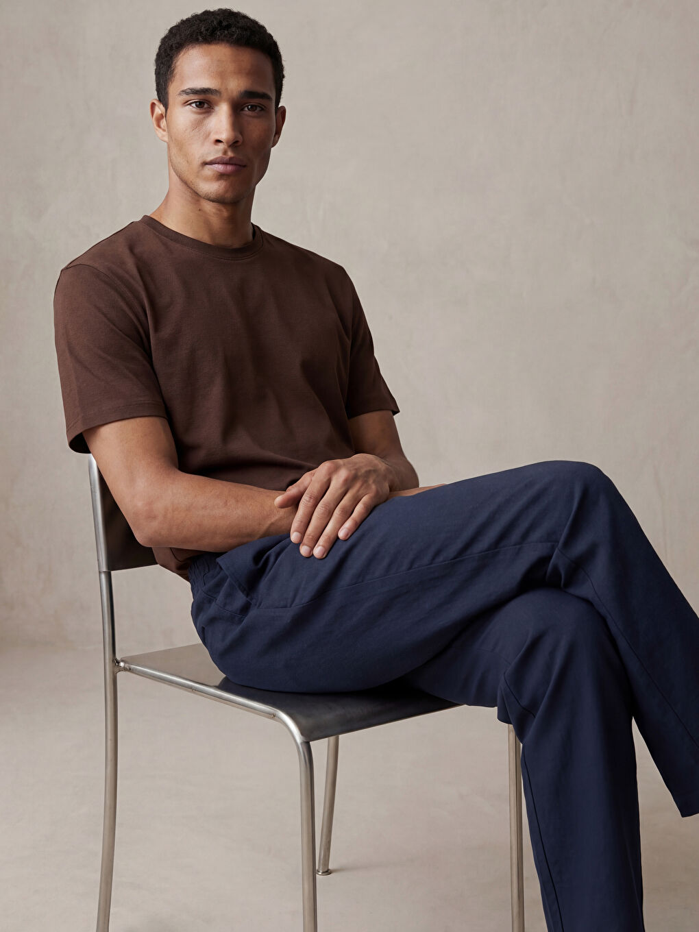 Kahverengi Relaxed Fit  Bisiklet Yaka Erkek Tişört