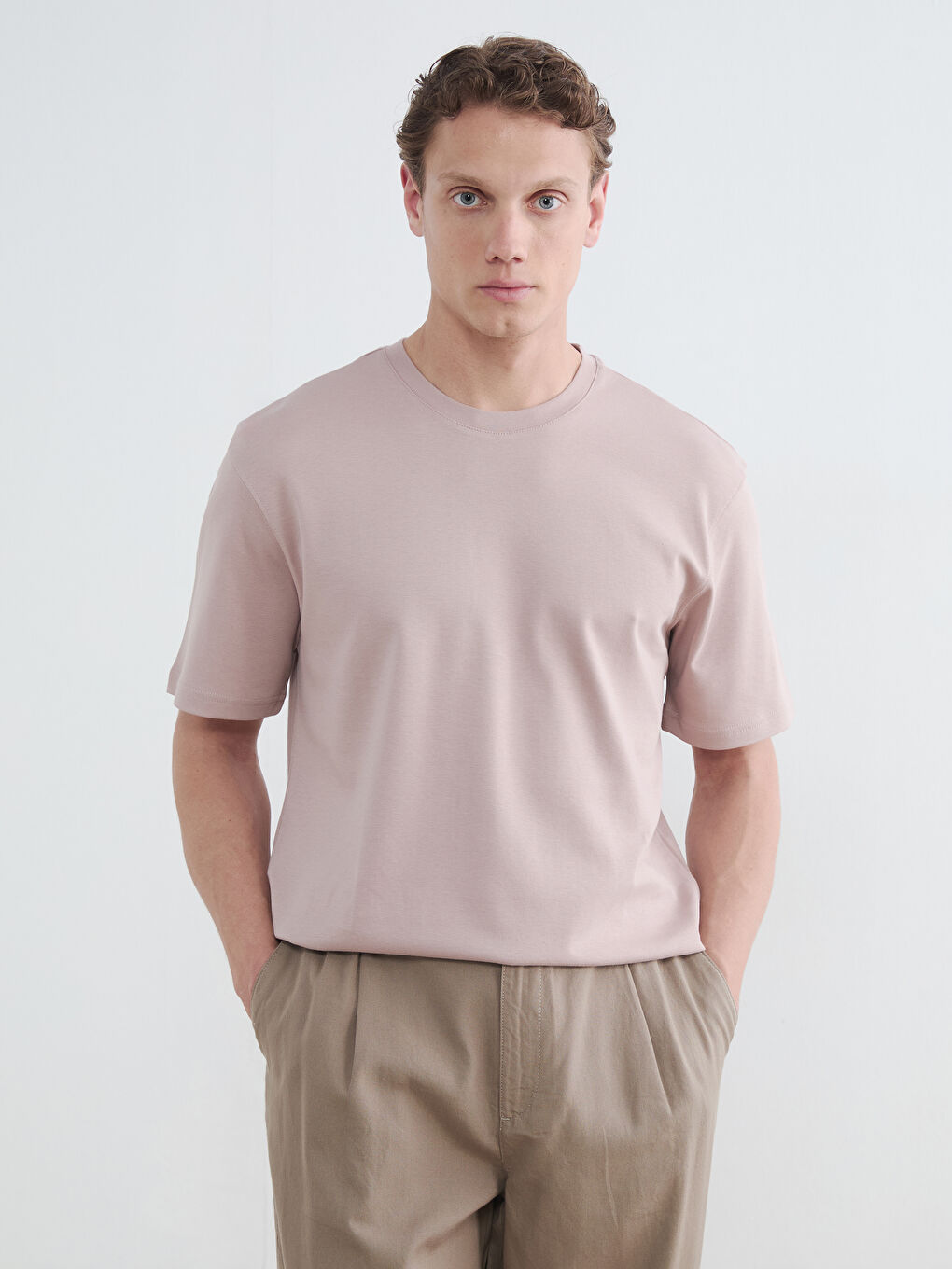 Pembe Relaxed Fit  Bisiklet Yaka Erkek Tişört