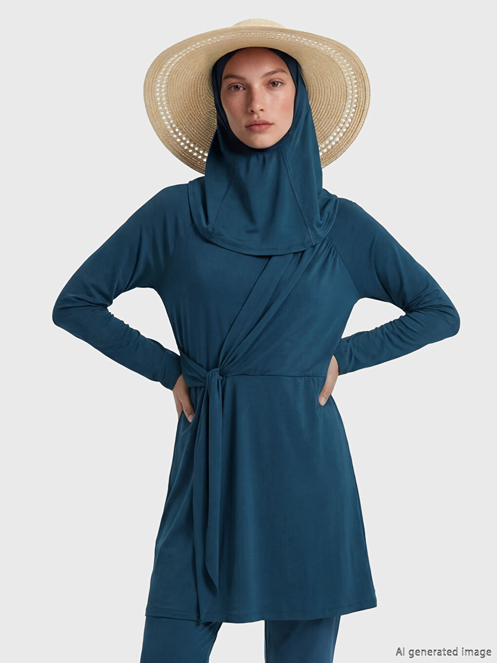 Petrol Bisiklet Yaka Kadın Tesettür Mayo Takımı-1