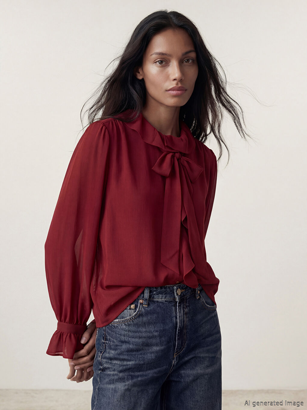 Bordo Fular Yaka Fırfırlı Bluz