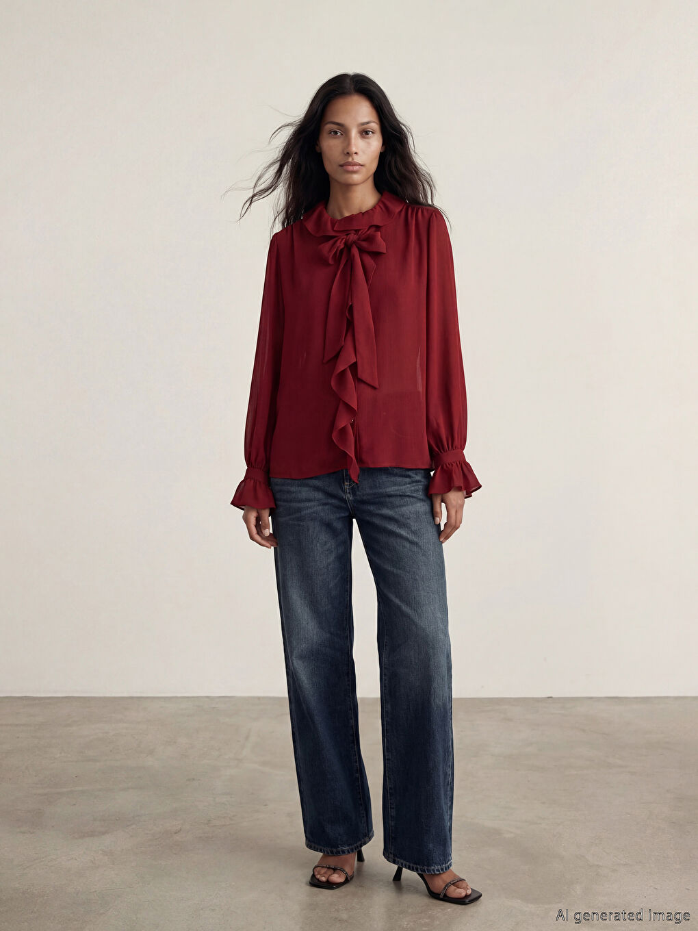 Bordo Fular Yaka Fırfırlı Bluz-1