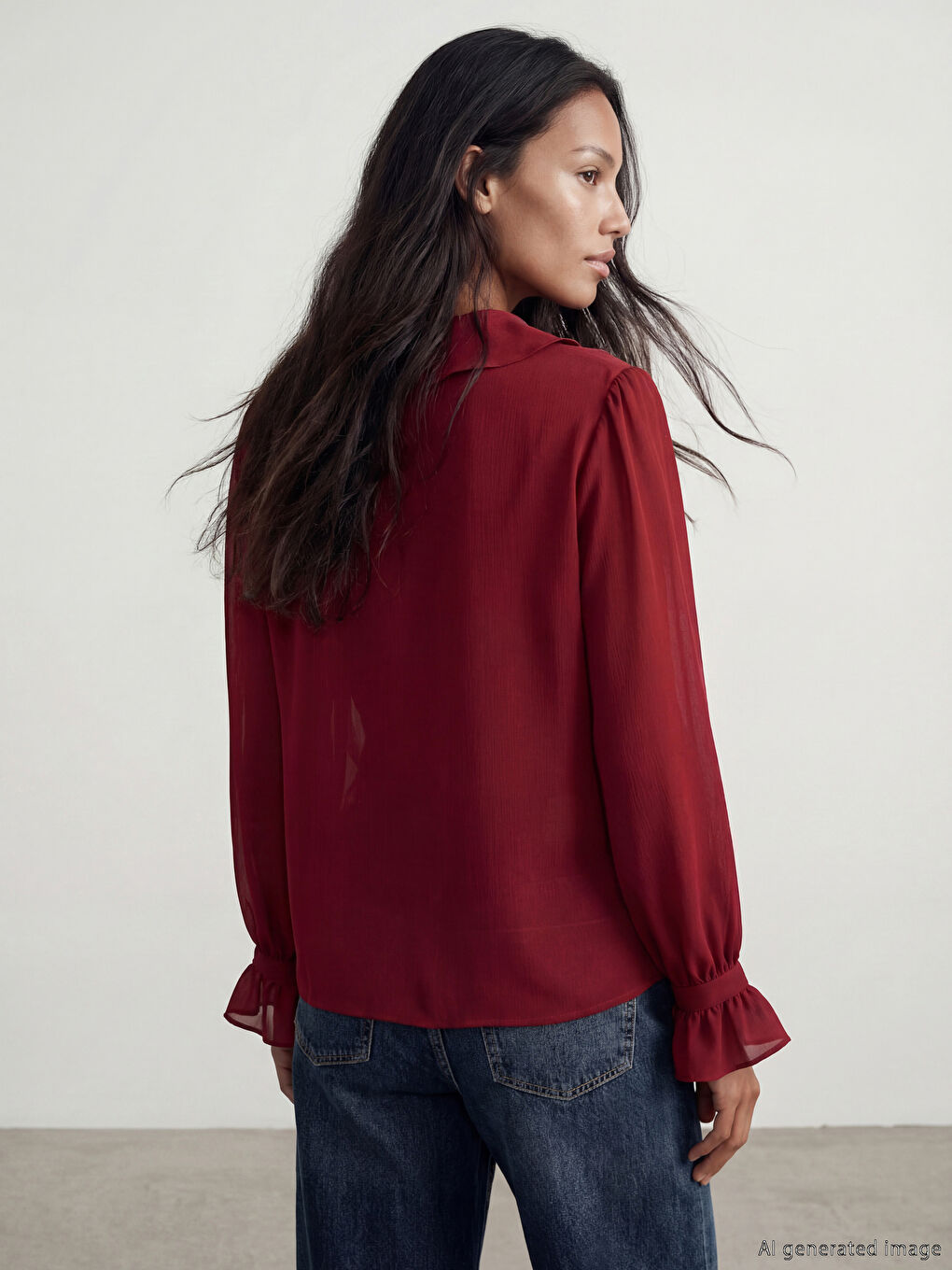 Bordo Fular Yaka Fırfırlı Bluz-2