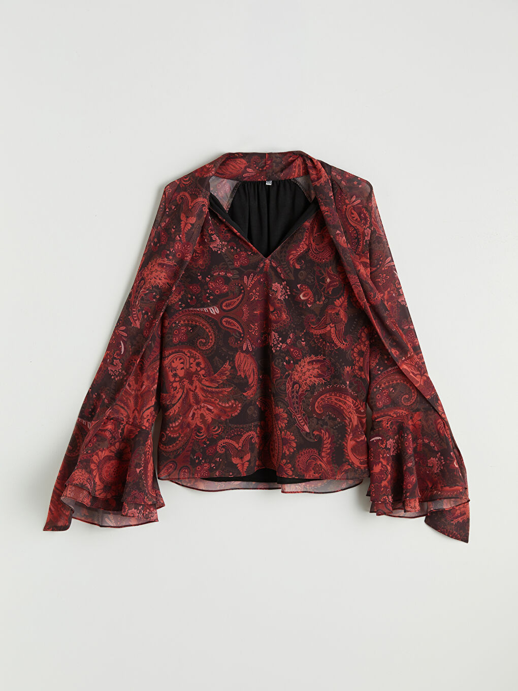 Kahverengi Fular Yaka İspanyol Kol Desenli Bluz-6