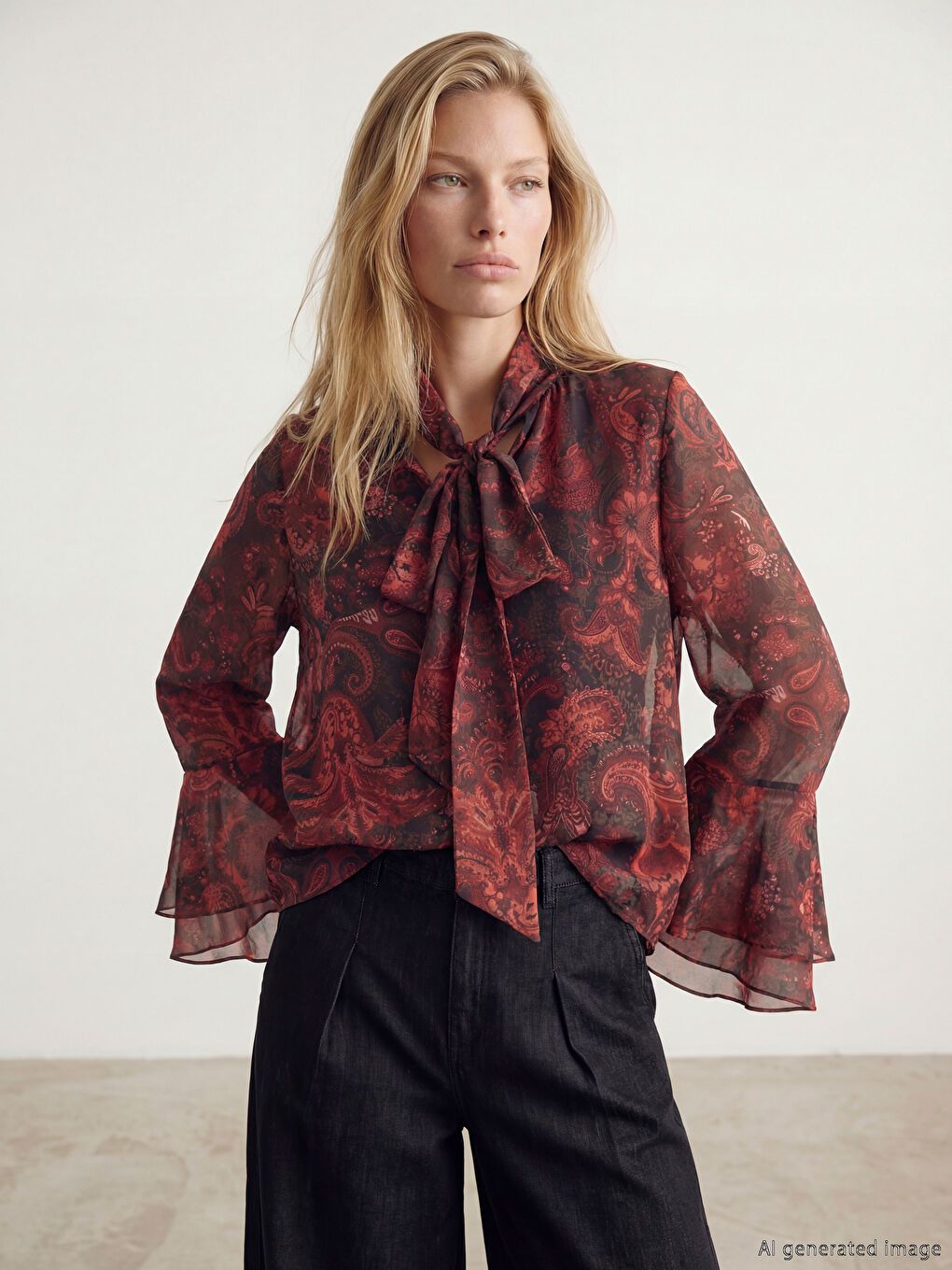 Kahverengi Fular Yaka İspanyol Kol Desenli Bluz