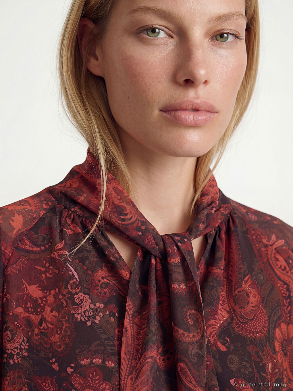 Kahverengi Fular Yaka İspanyol Kol Desenli Bluz-2