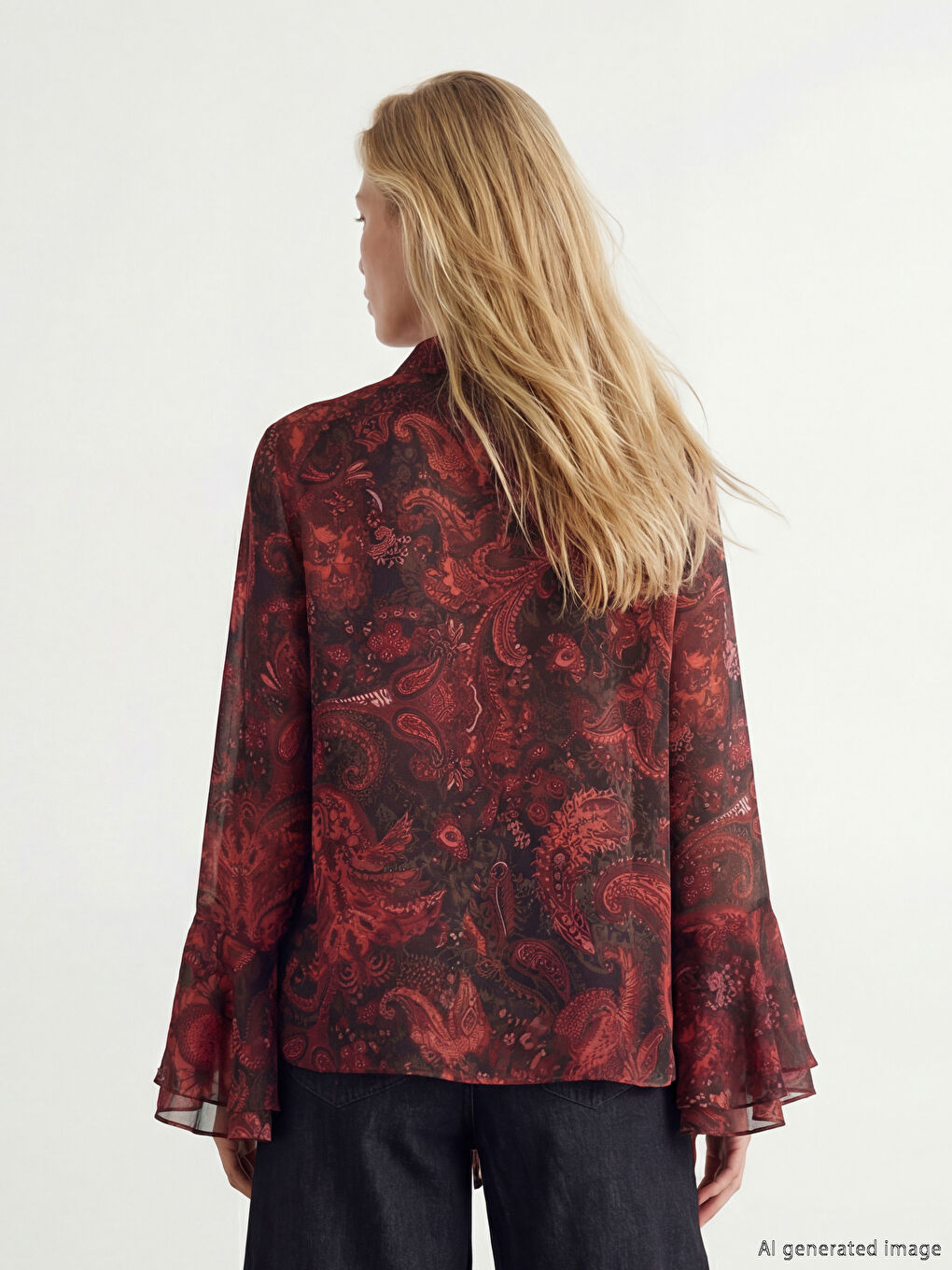 Kahverengi Fular Yaka İspanyol Kol Desenli Bluz-3