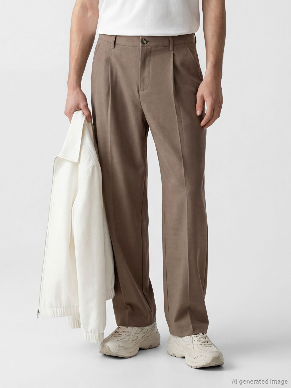 Bej Rahat Kalıp Erkek Pileli Kumaş Pantolon-1