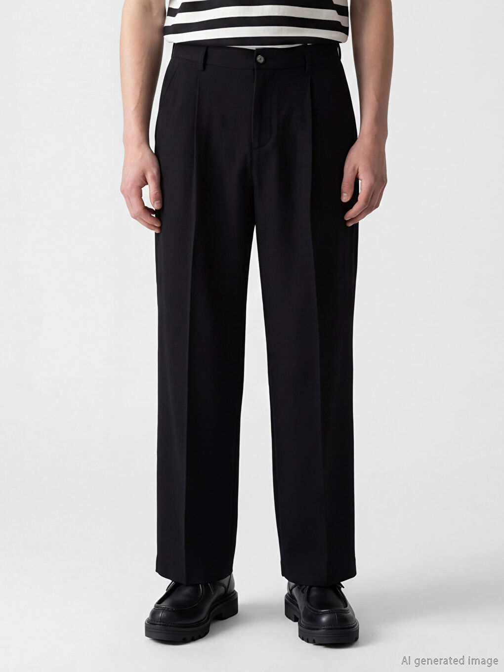 Siyah Rahat Kalıp Erkek Pileli Kumaş Pantolon-1