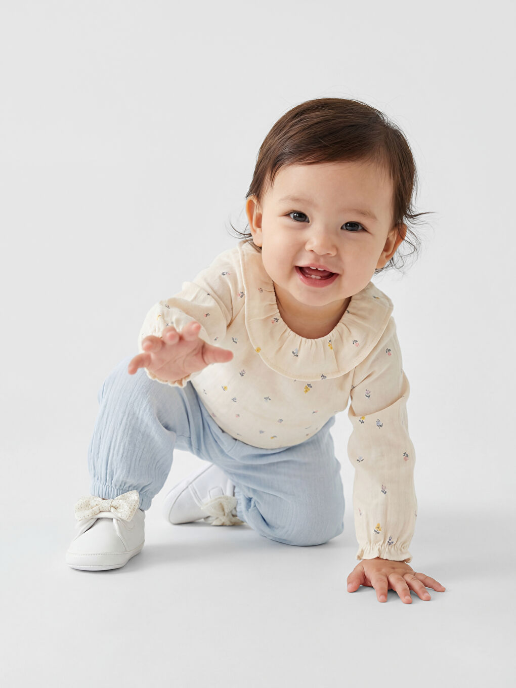 Ekru Bebe Yaka Kız Bebek Sweatshirt ve Eşofman Altı-1