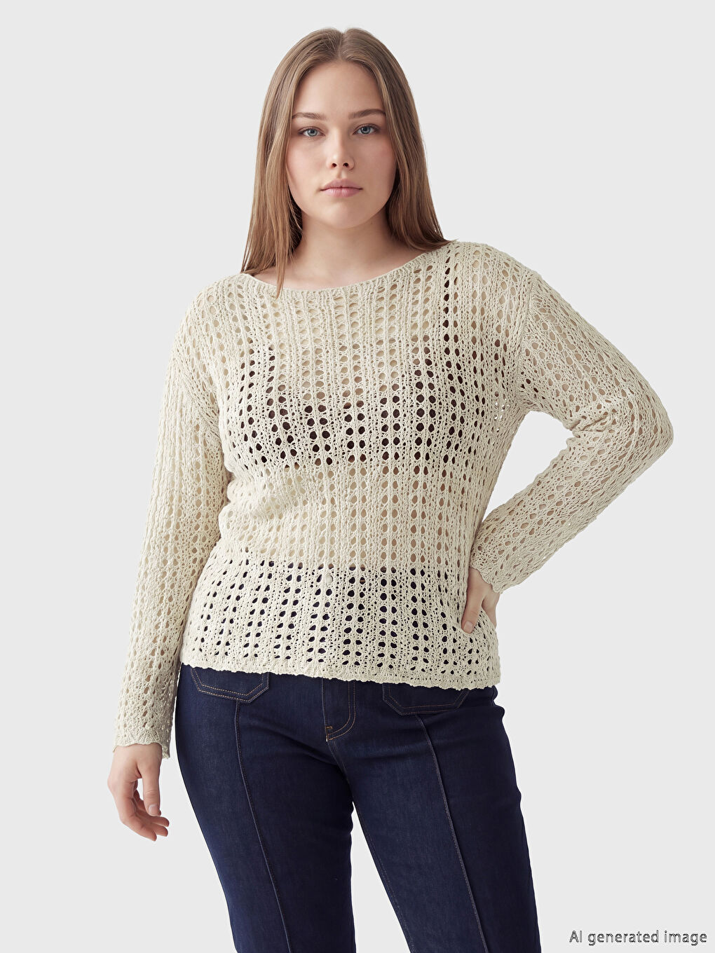 Crew Neck Open-Knit Women's Knitwear Sweater-1