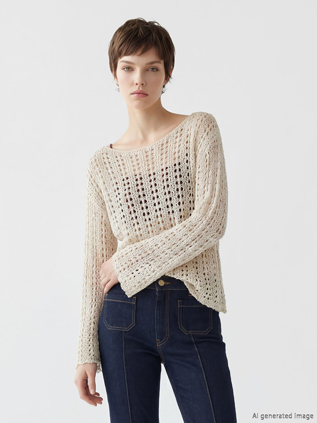 Crew Neck Open-Knit Women's Knitwear Sweater