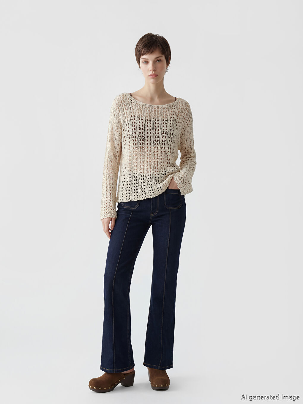 Crew Neck Open-Knit Women's Knitwear Sweater-2