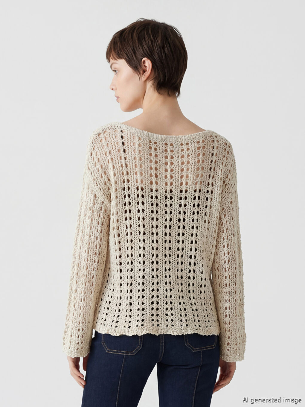Crew Neck Open-Knit Women's Knitwear Sweater-4